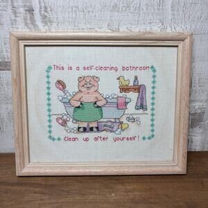 Hand Made Cross Stitched “Self Cleaning Bathroom” Wall Art